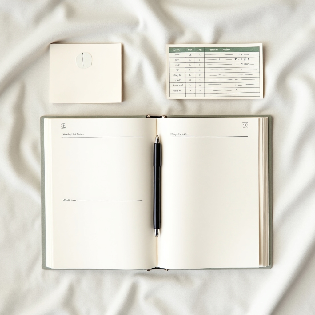 Flat lay of course materials including a simple printed workbook, pen, and weekly habit tracker on a light desk surface