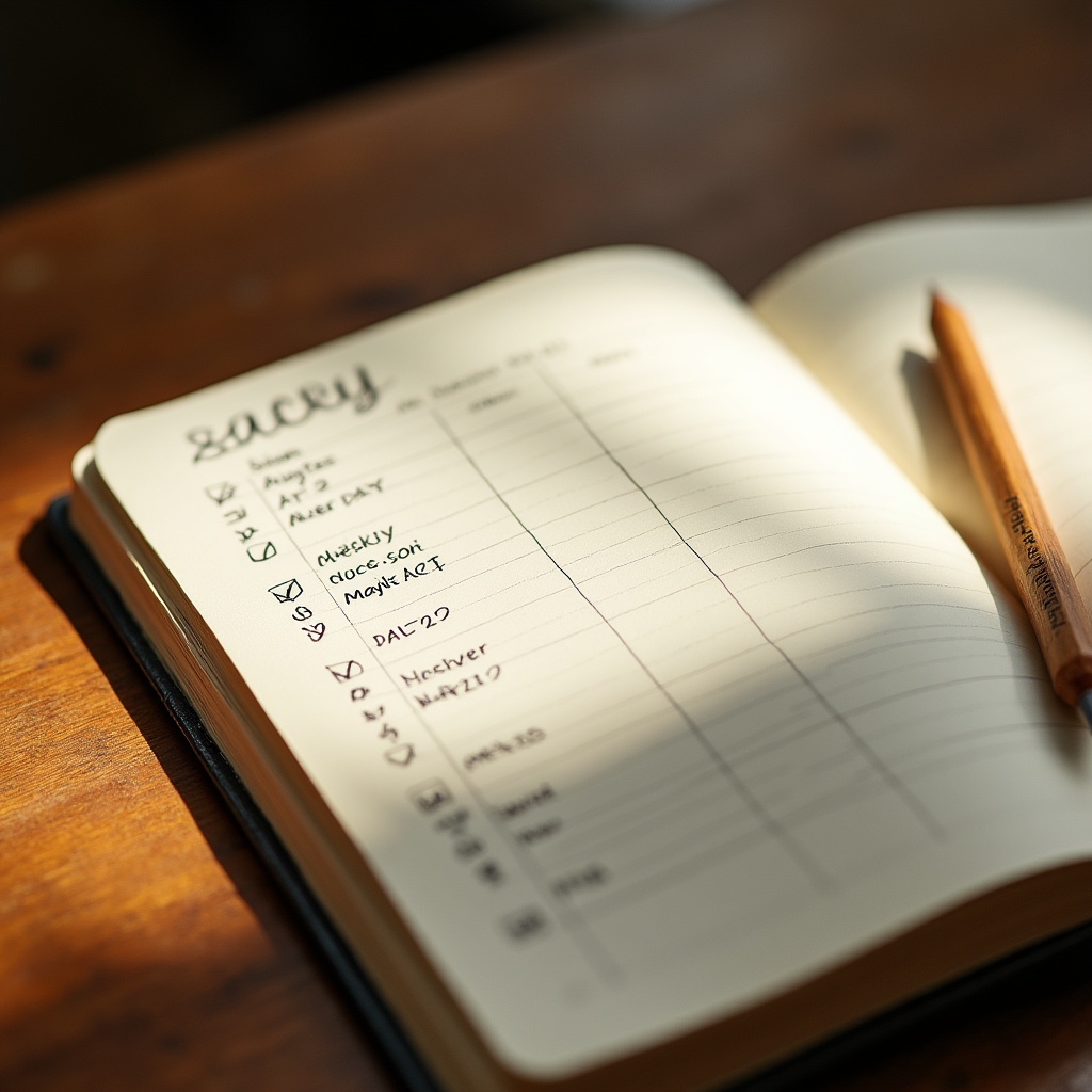 Close-up of a handwritten habit tracker in a small journal, pages slightly worn, resting on a wooden table in warm morning light