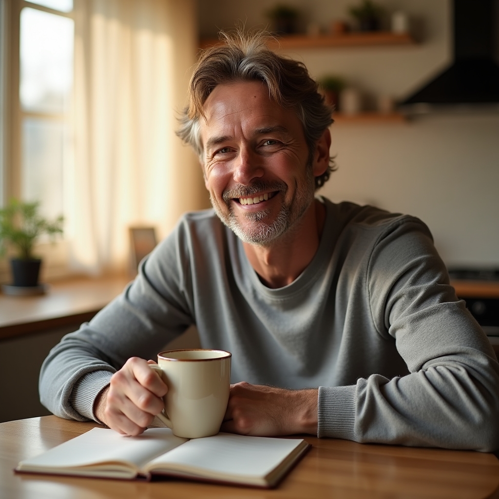 Person with a warm mug of coffee sitting at a sunlit table, writing in a small notebook, relaxed and focused in a cozy morning setting