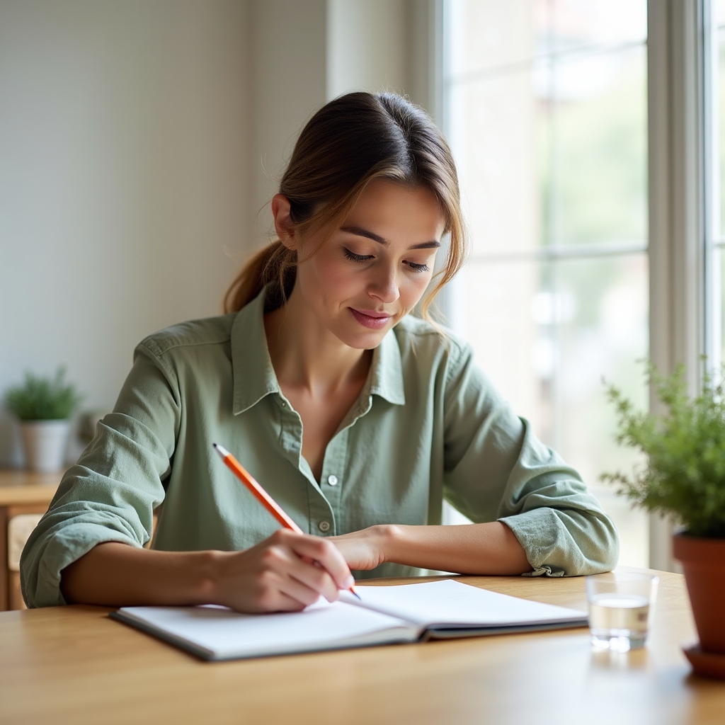 Person sitting at a wooden desk reviewing simple handwritten financial notes with calm focus