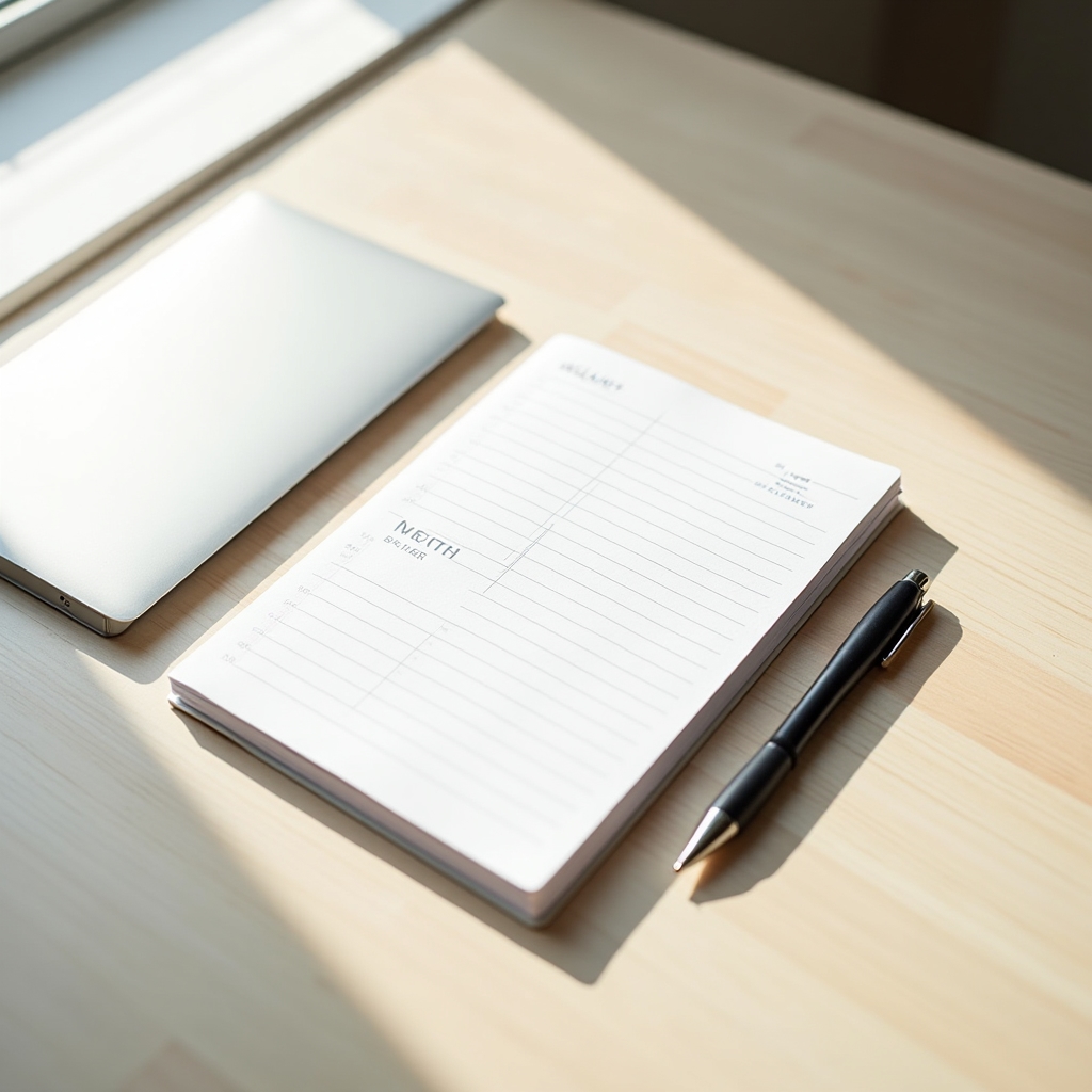 Minimalist desk setup with a small notebook open to a blank weekly budget page, a single pen, and natural light from a nearby window