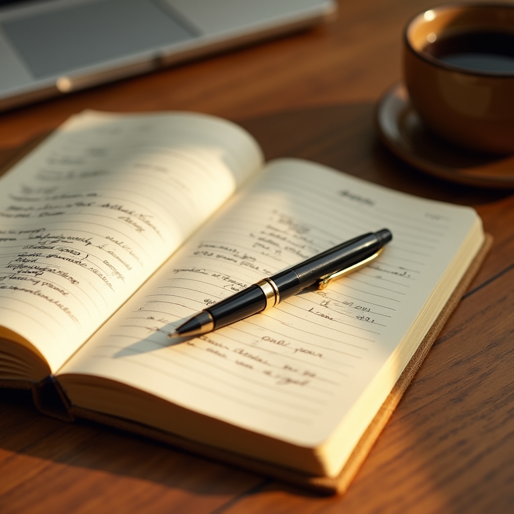 Open notebook with weekly budget notes and a pen beside a cup of coffee